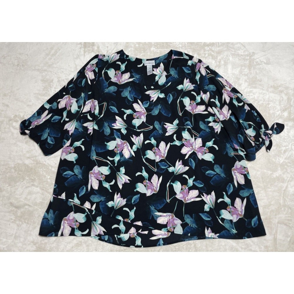 Catherines Top Womens Size 3X 3XL Blue Green Floral 3/4 Sleeve Stretch Blouse